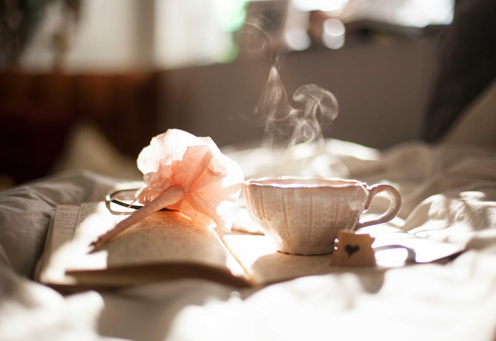 A steaming cup in morning linen